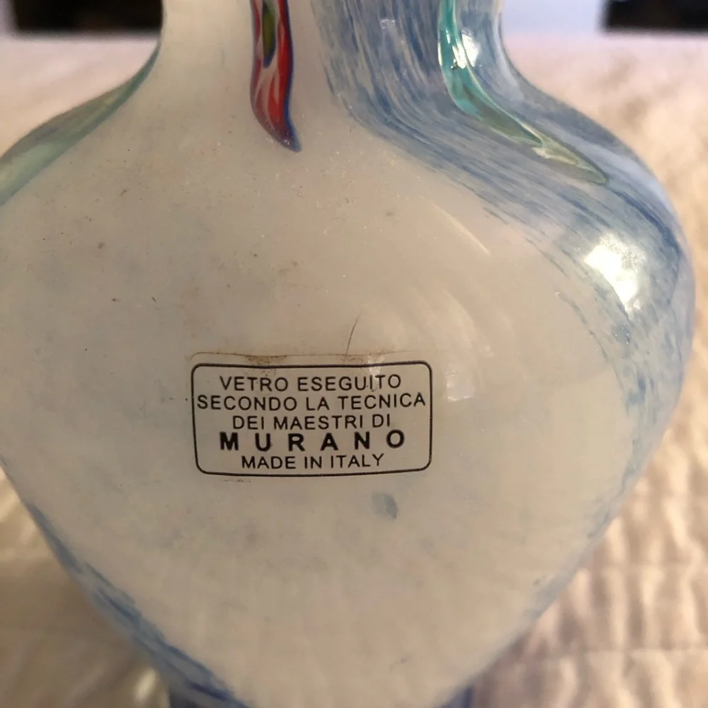 Murano White and Light Blue Swirl Art Glass Vase Italy